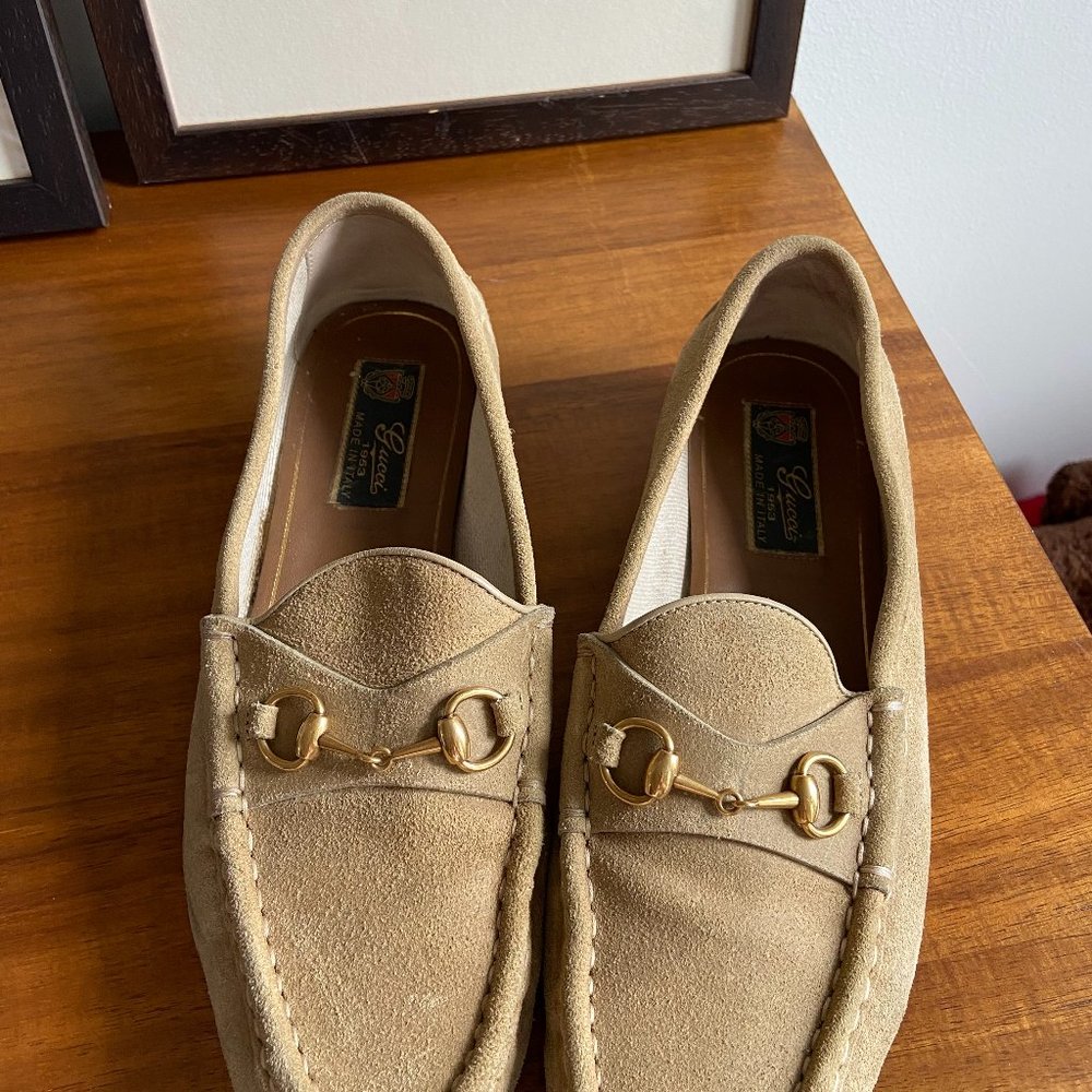 Vintage Gucci Suede Horsebit Loafers with Gold - 3